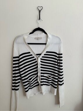 LOFT Navy & White Striped Ribbed Cardigan Sweater